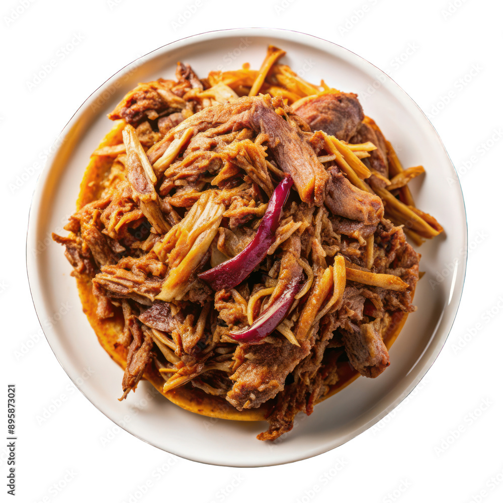 Bbq pulled pork meat on white plate top view isolated on transparent background Bbq pulled pork meat on white plate top view isolated on transparent background