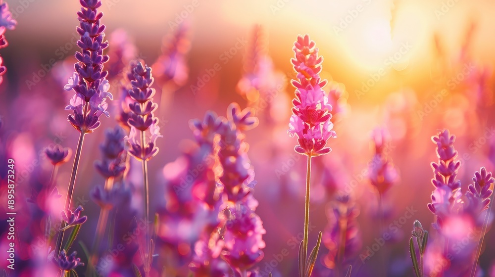 Obraz premium Vibrant Lavender Fields Bathed in Golden Sunset Glow