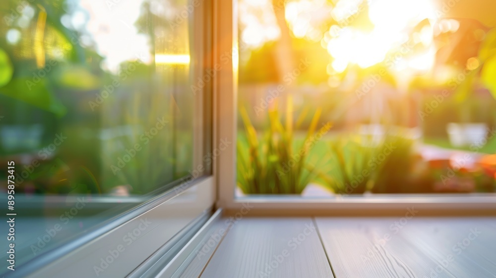 Fototapeta premium Close Up of a Modern Sliding door with Blurred Backyard View
