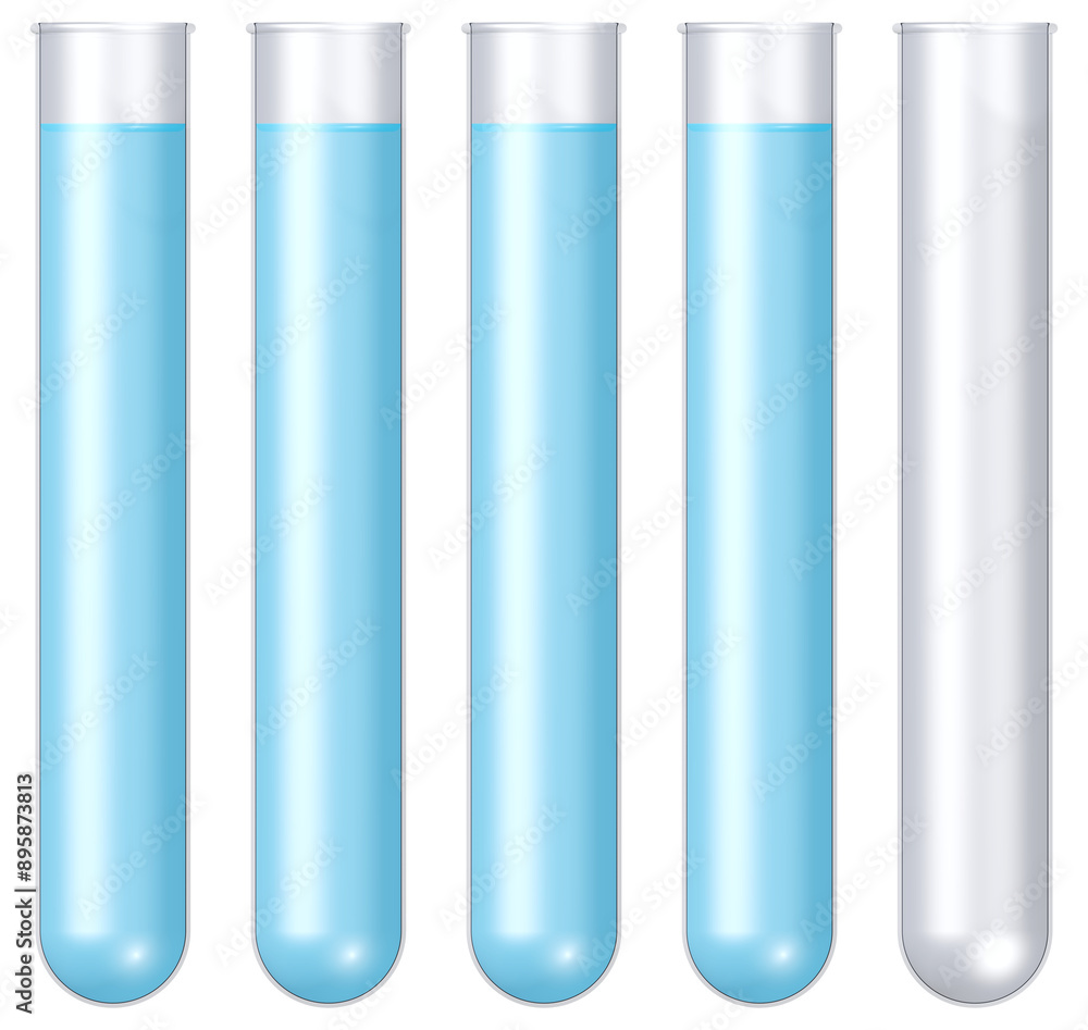 Reagenzgläser mit klaren Chemikalien, leer und voll Reagenzgläser mit klaren Chemikalien, leer und voll