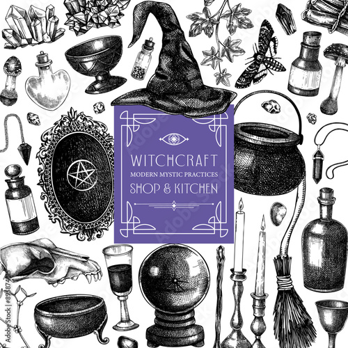 Witch party invitation design. Boho witchcraft frame template. Vinatge Halloween sketches. Hand-drawn vector illustration. NOT AI generated