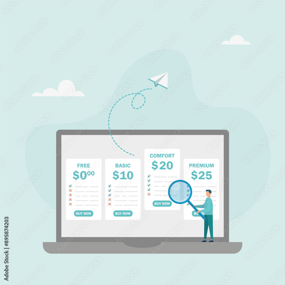 Tariff plan options for online services. Business pricing table. The character chooses a plan type. Vector illustration. Tariff plan options for online services. Business pricing table. The character chooses a plan type. Vector illustration.