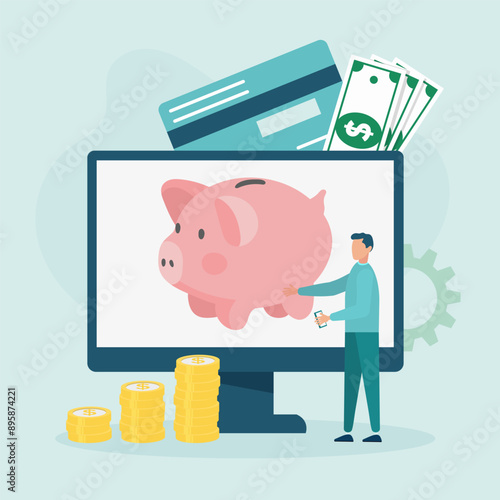 Financial growth of people. Money box. Personal finance, money savings, emergency fund, personal capital, insurance. Cash cushion online. Vector illustration.	