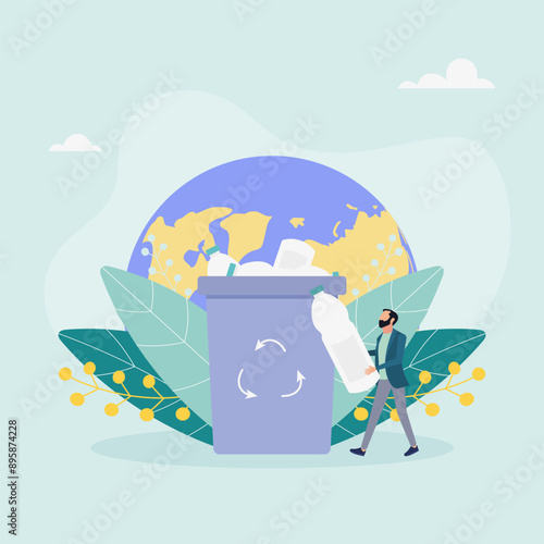 The character sorts garbage into containers for recycling and reuse. Garbage recycling. Zero waste concept. Vector illustration.	