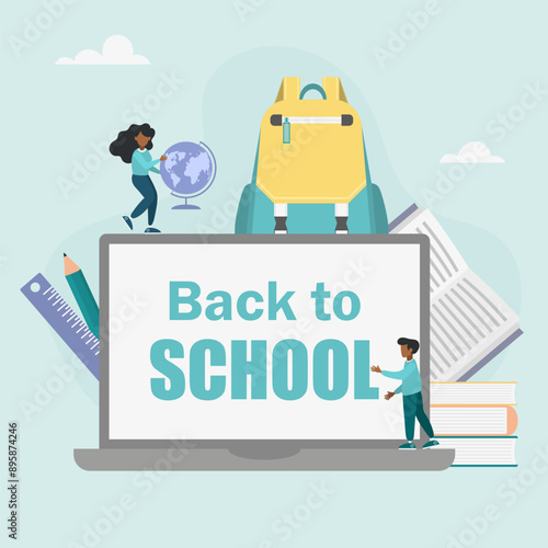 Online education concept.  Back to school. Tiny people with laptop, backpack, school stationery, globe and books. Vector illustration
