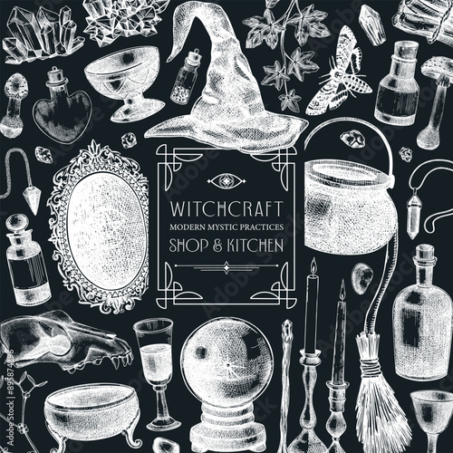 Witch party invitation design. Boho witchcraft frame template on chalkboard. Vinatge Halloween sketches. Hand-drawn vector illustration. NOT AI generated