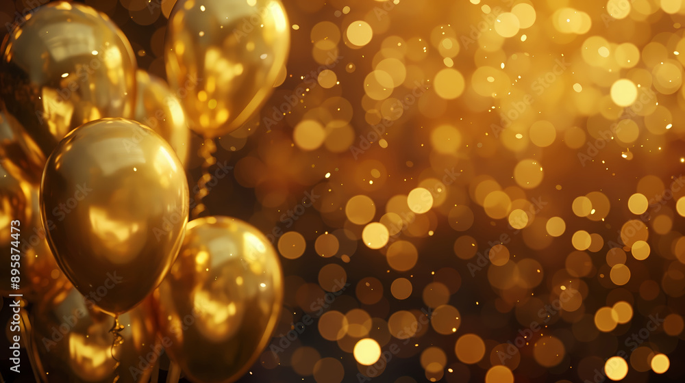 Golden Balloons on Bokeh Background with Copy Space. Celebration and Greeting Concept. Birthday, Anniversary, and Party Invitations. Festive Event Announcements and Congratulatory Messages Golden Balloons on Bokeh Background with Copy Space. Celebration and Greeting Concept. Birthday, Anniversary, and Party Invitations. Festive Event Announcements and Congratulatory Messages