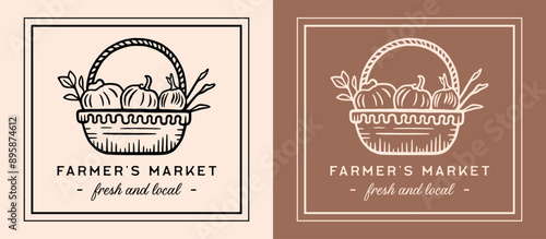 Farmer's market fresh and local food vegetables basket illustration rectangular label tag sticker sign card invitation design. Vintage retro dark academia aesthetic print poster vector cut file.