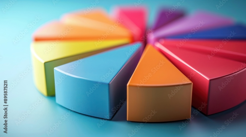 Obraz premium Colorful pie chart with 3D segments on blue background, representing data analysis and business statistics.