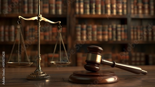 A gavel and scales of justice on a table in front of bookshelves, representing law or justice 