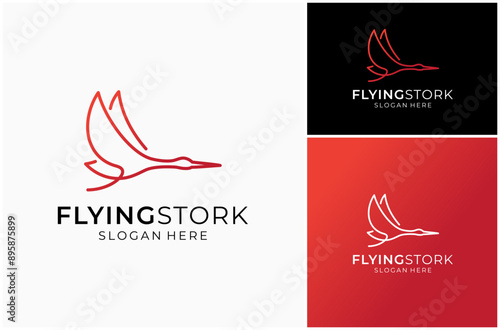 Flying Stork Heron Crane Egret Goose Flamingo Bird Line Art Outline Vector Logo Design Illustration