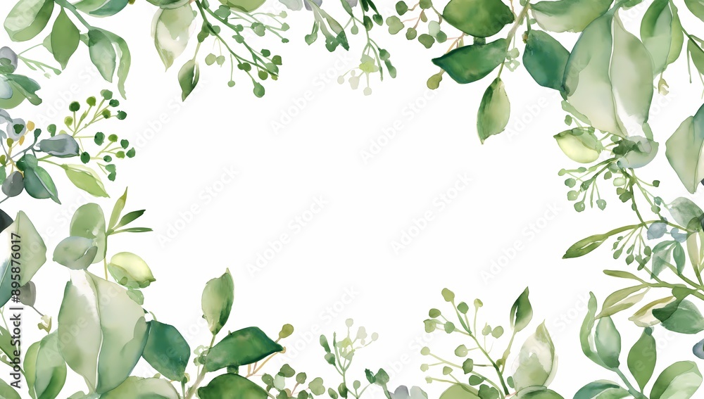 White Background with Watercolor Frame of Green Leaves. Nature-Theme Designs, Eco-Friendly Invitations, and Botanical Art Projects. Wedding, Organic Branding, and Creative Marketing Materials. White Background with Watercolor Frame of Green Leaves. Nature-Theme Designs, Eco-Friendly Invitations, and Botanical Art Projects. Wedding, Organic Branding, and Creative Marketing Materials.