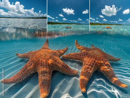 Two giant starfish float in clear, shallow water under a bright blue sky with fluffy clouds The scene is surreal, with the starfish appearing larger than life photo