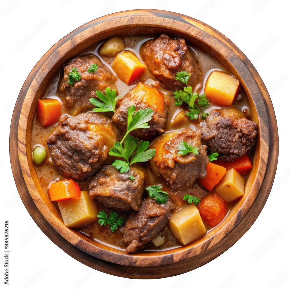Beef oxtail stew on wooden bowl top view isolated on transparent background Beef oxtail stew on wooden bowl top view isolated on transparent background