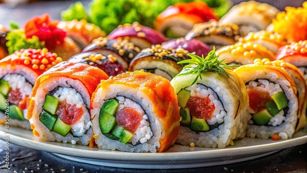 Sushi. Rolls on a beautiful tray, colorful image of table setting, plate, food decoration, food advertisement, beautiful design. High quality image Sushi. Rolls on a beautiful tray, colorful image of table setting, plate, food decoration, food advertisement, beautiful design. High quality image