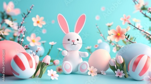 Cheerful Easter background with colorful eggs, cute bunny, and spring flowers, perfect for holiday greeting cards and banners, 3D design, abstract decor