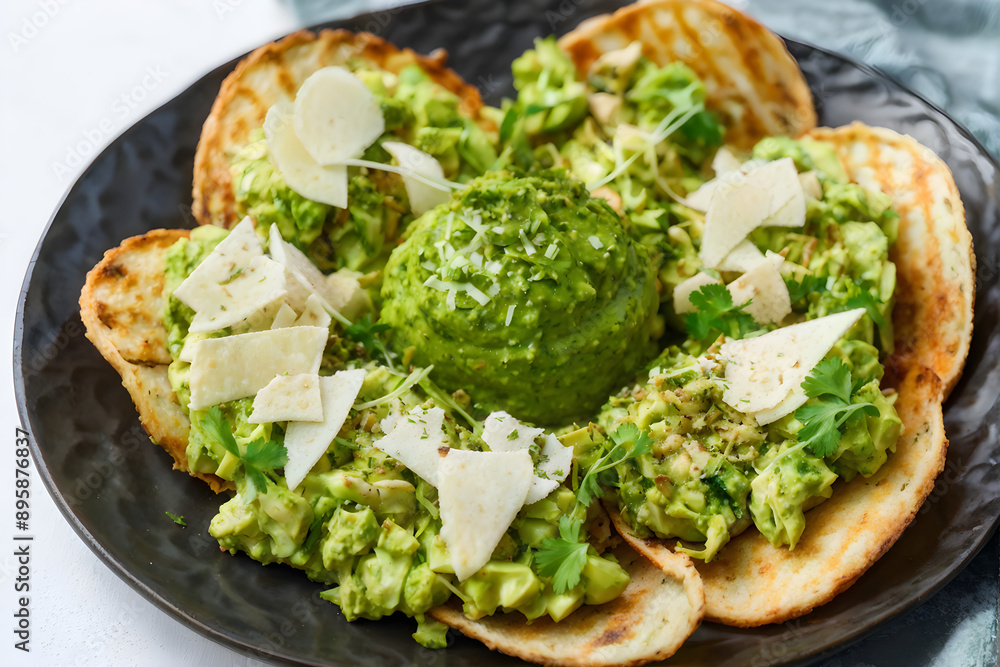 Avocado, brussel sprouts, parmesan cheese and chips with pesto sauce on unusual serving plate. Snacks and healthy food concept.
