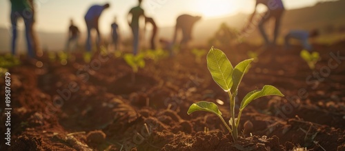 people planting small trees in the field