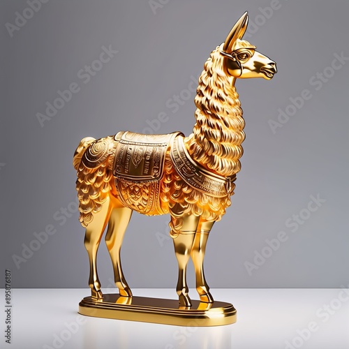 High quality exquisite gleaming Golden Llama statue, Masterpeice art by Trashware Art, high quality studio photography.  photo