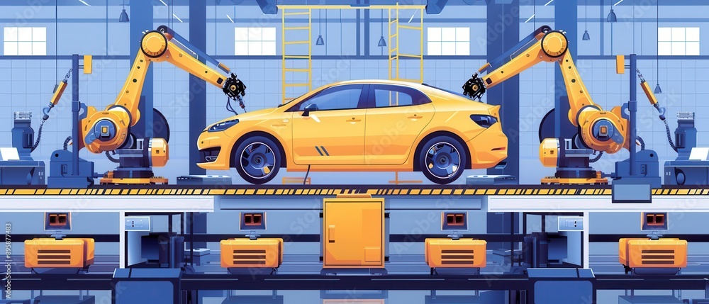 Advanced robotic arms assembling car parts in modern factory, Automation and Robotics Advanced robotic arms assembling car parts in modern factory, Automation and Robotics