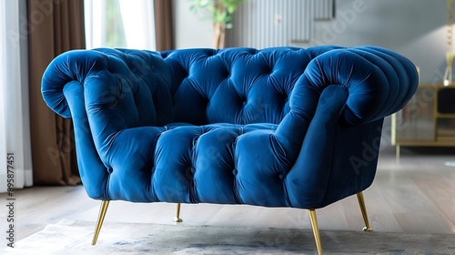 Elegant tufted velvet armchair with gold legs in a luxurious lounge photo