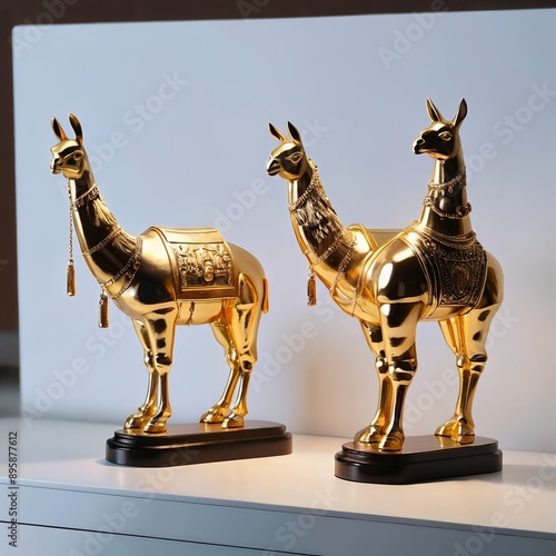 High quality exquisite gleaming Golden Llama statue, Masterpeice art by Trashware Art, high quality studio photography.  photo