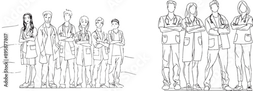 Group of young promising doctors standing and crossing hands on chest at a hospital. Medical teamwork concept one line draw design modern illustration.