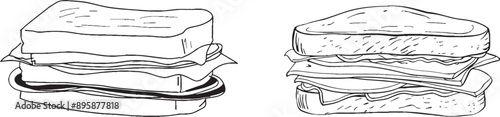 Drawing of delicious sandwich with continuous line. Fast food or junk food single line concept for cafes, restaurants, and food shops.