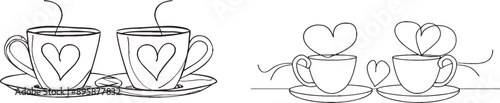 Hand drawn modern illustration of two cups of coffee with foam hearts.