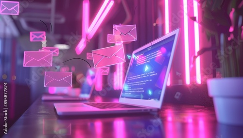 Close-up of a modern laptop standing on a dark table surrounded by a holographic bright screen. Technology concept.