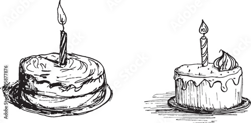 Traditional birthday cake with candle on top, a minimalist black linear sketch isolated on white background. Modern illustration.