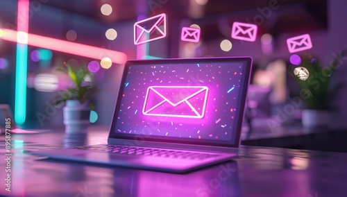 Close-up of a modern laptop standing on a dark table surrounded by a holographic bright screen. Technology concept.