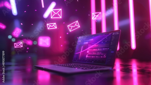 Close-up of a modern laptop standing on a dark table surrounded by a holographic bright screen. Technology concept.