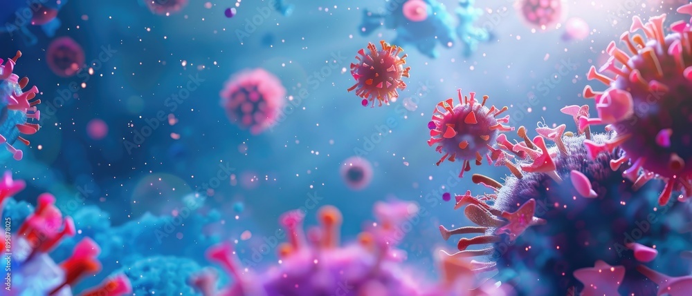 Naklejka premium Microscopic View of a Coronavirus Particle With Pink Spikes