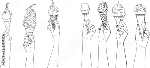 A continuous line of ice cream with a woman holding a popsicle. Modern trendy monoline concept.