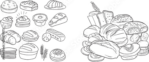 Set of baked goods, consisting of eclairs, pies, donuts, pretzels, buns, and cinnamon rolls. Continual line drawing with continuous strokes.