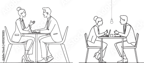 Female journalist is interviewed at desk by guy, using microphone, discussing and speaking. Concept for social media, communication, and graphic design. Dynamic one line drawing illustration.