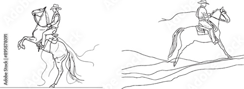 Cowboy with rope lasso on horse in continuous one line drawing. American cowboy throwing lasso and riding horse.