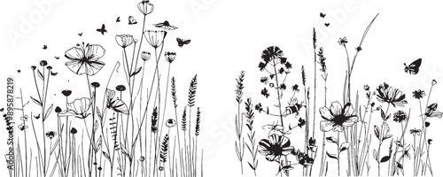 Nature seamless border with bees, wild herbs, and flowers on white. Continuous line drawing background. Doodle style floral illustration.