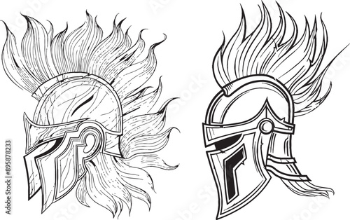 Medieval warrior knight with helmet and plumage in armor. Icon, emblem, logo. Continuous line drawing with heraldry symbols.