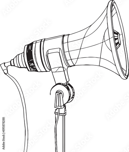 In a single continuous line, a public horn speaker depicts advertising promotion. Business concept for attention and job offer. Doodle modern illustration.