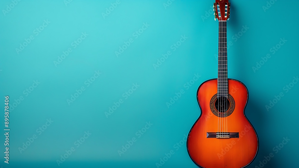 Fototapeta premium Acoustic guitar on a blue background, top view, copy space.