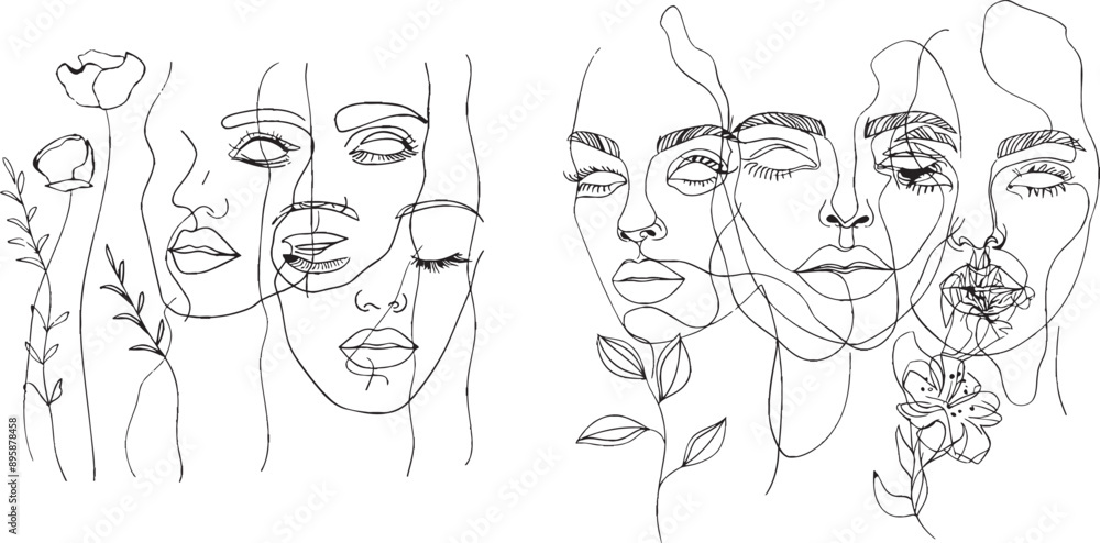 Various women's faces in line drawing style on white background. Various women's faces in line drawing style on white background.