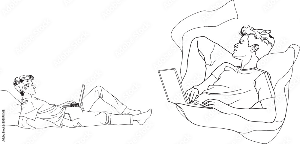 Drawing in one continuous line. Young man sitting with laptop computer in armchair. Modern illustration. Drawing in one continuous line. Young man sitting with laptop computer in armchair. Modern illustration.