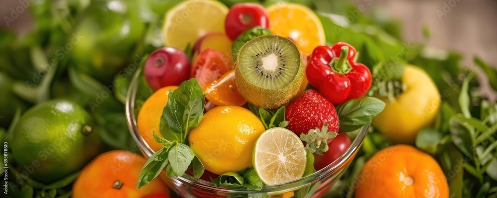 A vibrant bowl of mixed fruits including oranges, kiwi, strawberries, and lemons, surrounded by fresh greens and colorful vegetables. A vibrant bowl of mixed fruits including oranges, kiwi, strawberries, and lemons, surrounded by fresh greens and colorful vegetables.