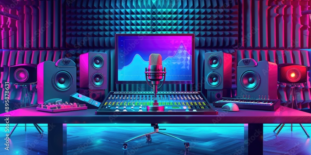 High-tech radio station with a microphone and headphones, digital soundboard, vibrant studio lighting, entertainment theme High-tech radio station with a microphone and headphones, digital soundboard, vibrant studio lighting, entertainment theme