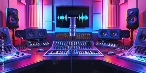 High-tech radio station with a microphone and headphones, digital soundboard, vibrant studio lighting, entertainment theme