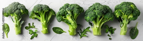 High-quality image of fresh green broccoli florets and spinach leaves arranged on a white background, perfect for healthy eating and food concepts.