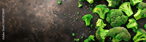 Top view of fresh broccoli florets scattered on a dark rustic background with salt. Healthy eating and organic food concept.