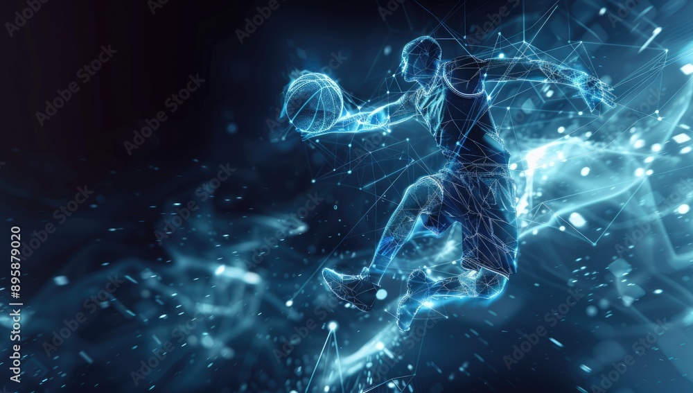 Abstract Polygonal Basketball Player in Mid-Action, Hitting the Ball with Neon Gradient Wireframe Cybernetic Particles Abstract Polygonal Basketball Player in Mid-Action, Hitting the Ball with Neon Gradient Wireframe Cybernetic Particles